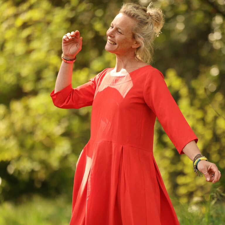 Quintessence - Robe Louisa manches 3/4 – Viscose/lin orange crépuscule – S