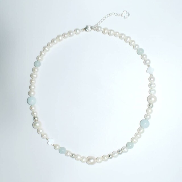 NEIJE - Collier Bleu du Prince Perles d'eau douce et Aigue Marine – 50 cm + extension de 5 cm
