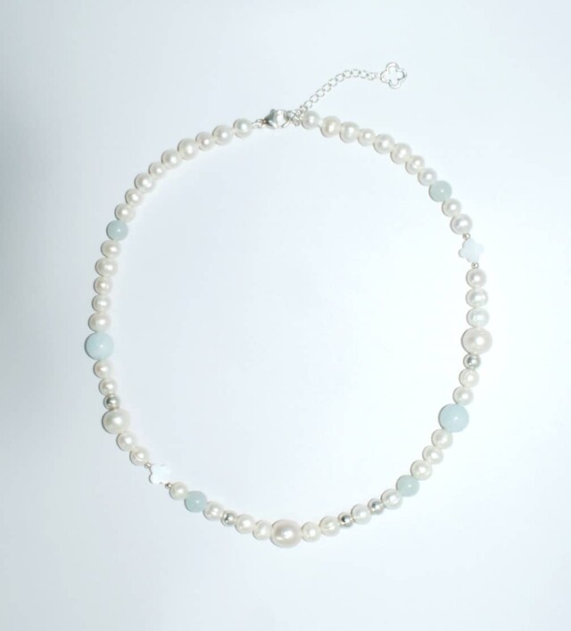 NEIJE - Collier Bleu du Prince Perles d'eau douce et Aigue Marine – 50 cm + extension de 5 cm