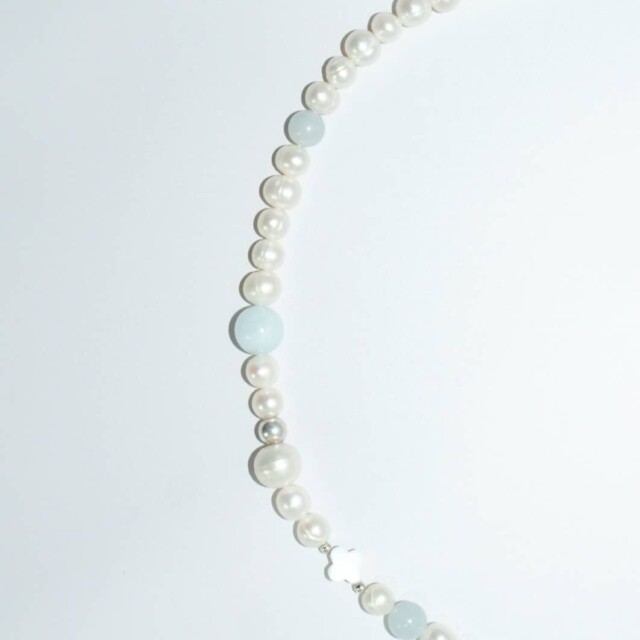 NEIJE - Collier Bleu du Prince Perles d'eau douce et Aigue Marine – 50 cm + extension de 5 cm