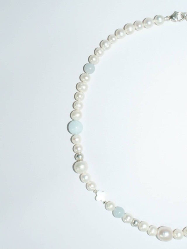 NEIJE - Collier Bleu du Prince Perles d'eau douce et Aigue Marine – 50 cm + extension de 5 cm