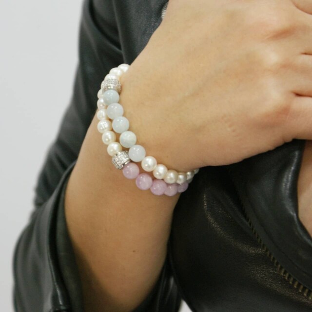 NEIJE - Bracelet Candy Geometric Perles Aigue Marine Or Blanc – XL (poignet de 19 à 21 cm)