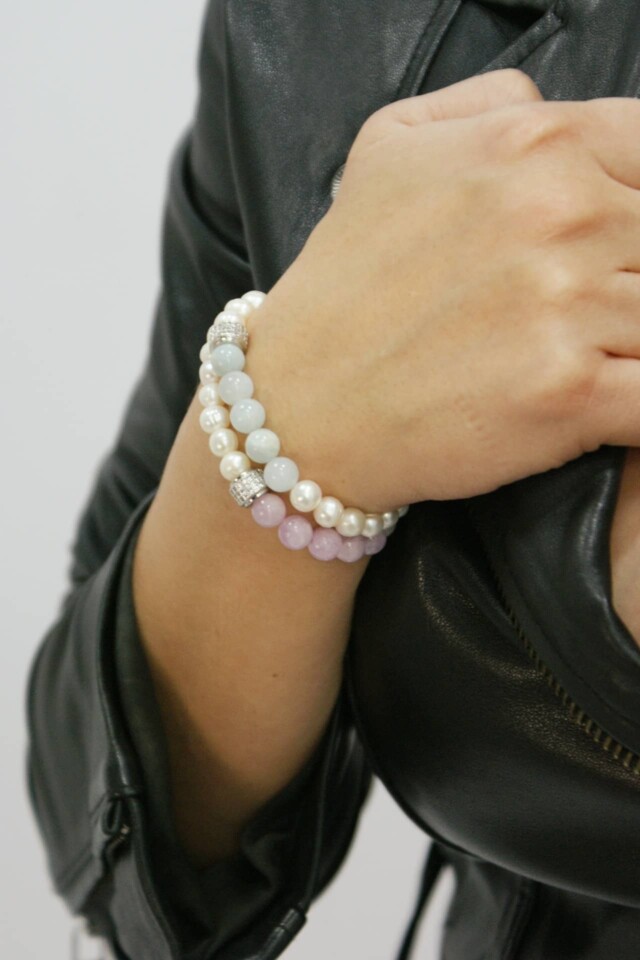 NEIJE - Bracelet Candy Geometric Perles Aigue Marine Or Blanc – XL (poignet de 19 à 21 cm)