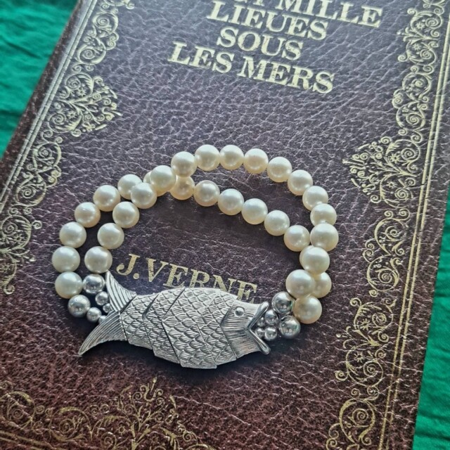 NEIJE - Bracelet Poisson Gefilte Perles de Culture Blanches et Argent – L (poignet de 17 à 19 cm)