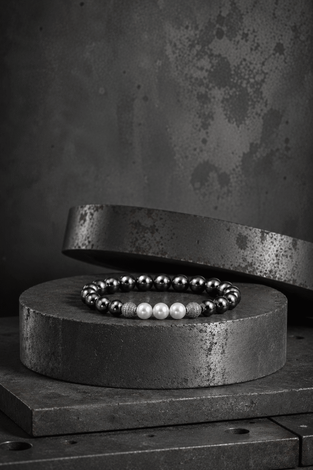 NEIJE - Bracelet Eclipse Hématite et Or Blanc – XL (poignet de 19 à 21 cm)