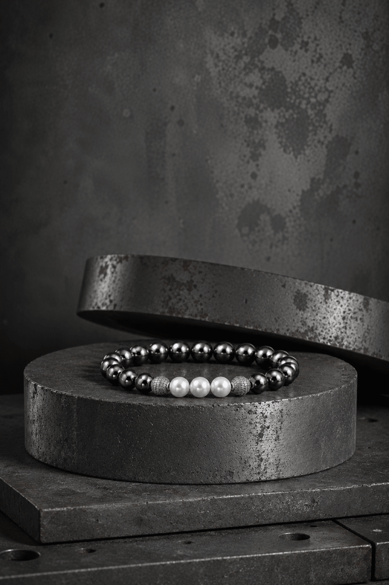 NEIJE - Bracelet Eclipse Hématite et Or Blanc – XL (poignet de 19 à 21 cm)