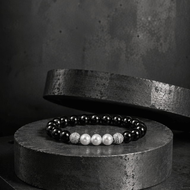NEIJE - Bracelet Eclipse Onyx et Or Blanc – XL (poignet de 19 à 21 cm)