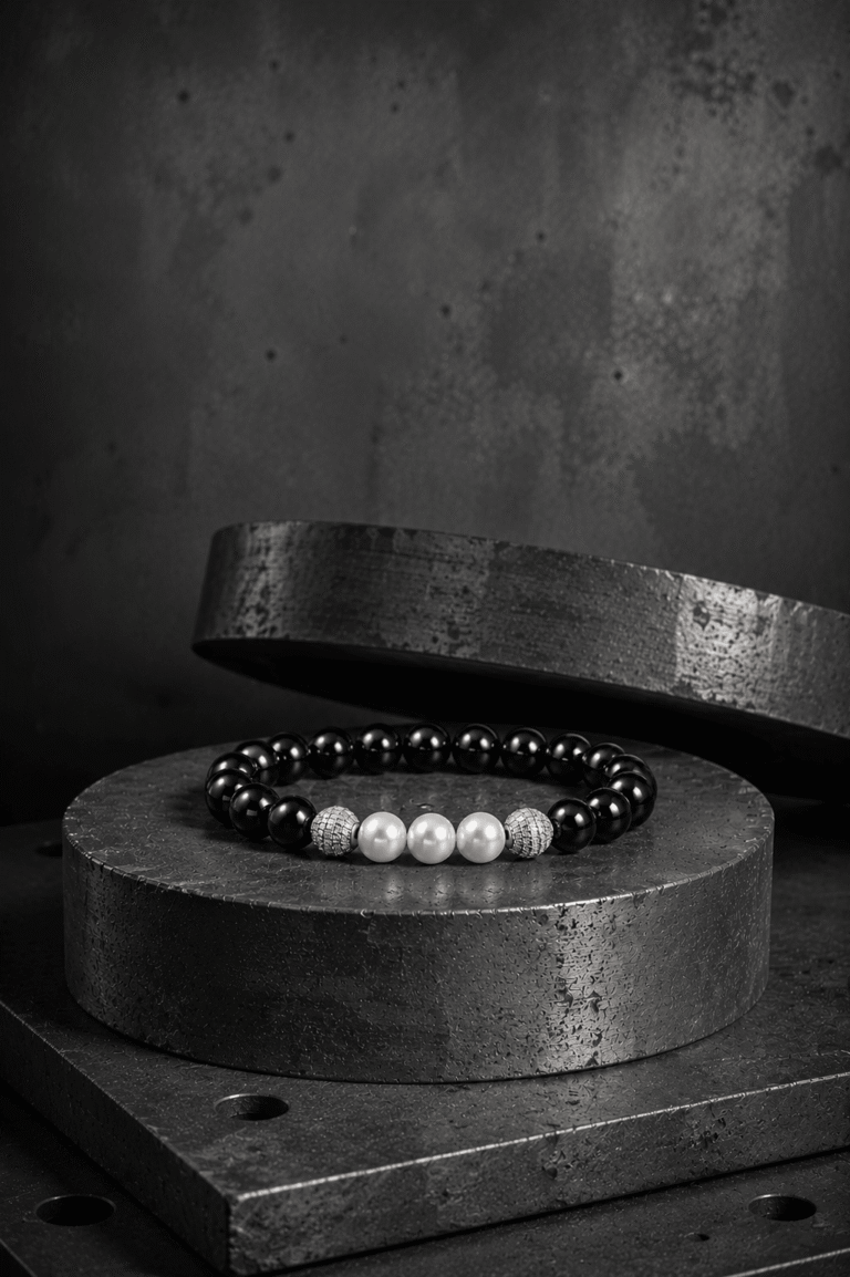 NEIJE - Bracelet Eclipse Onyx et Or Blanc – XL (poignet de 19 à 21 cm)