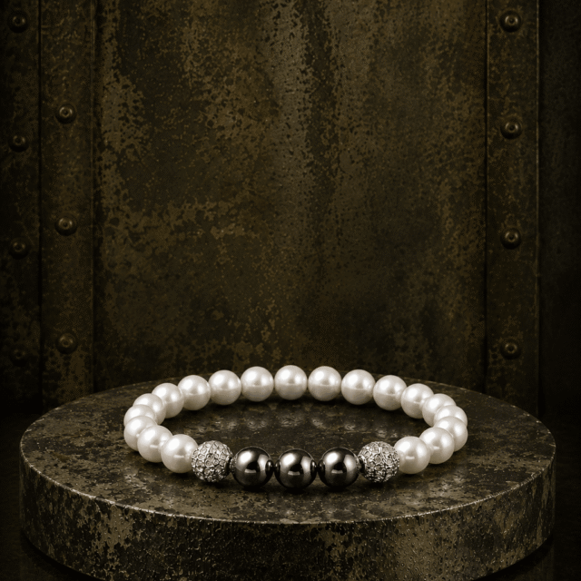 NEIJE - Bracelet Eclipse Perles d'eau douce & Hématite - Or Blanc – XL (poignet de 19 à 21 cm)