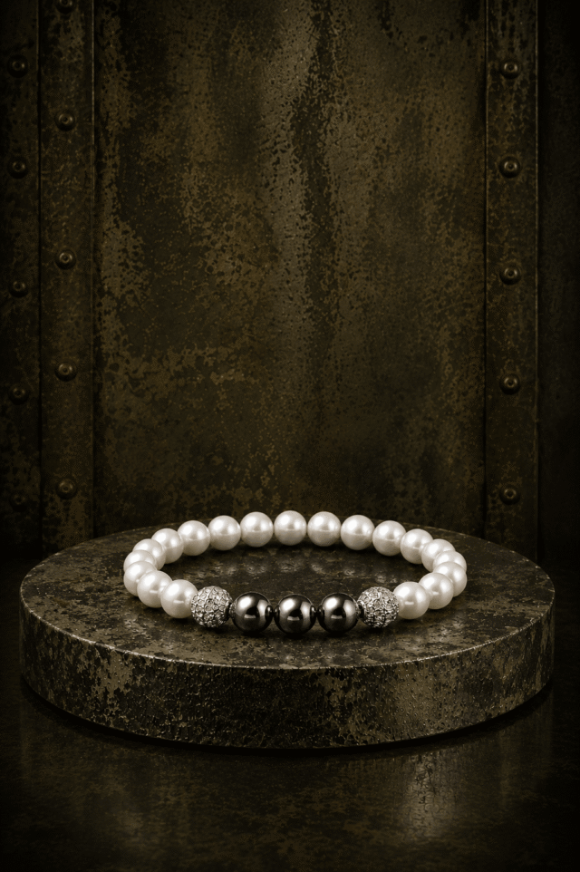 NEIJE - Bracelet Eclipse Perles d'eau douce & Hématite - Or Blanc – XL (poignet de 19 à 21 cm)