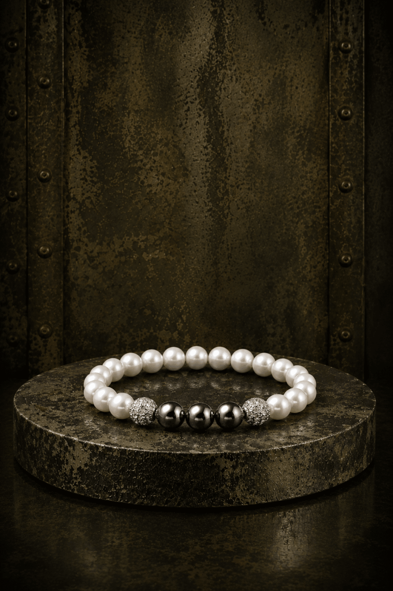 NEIJE - Bracelet Eclipse Perles d'eau douce & Hématite - Or Blanc – XL (poignet de 19 à 21 cm)
