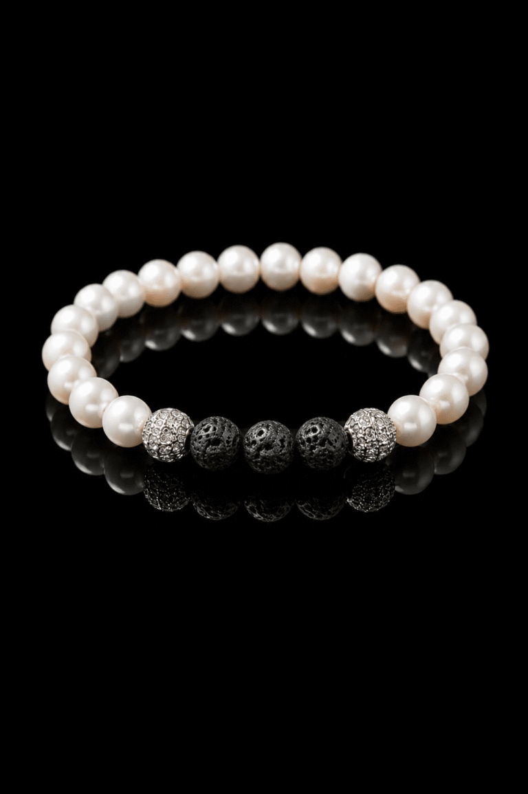 Bracelet Homme perle d eau douce NEIJE - Bracelet Eclipse Perles d'eau douce & Pierre de Lave - Or Blanc – XL (poignet de 19 à 21 cm)