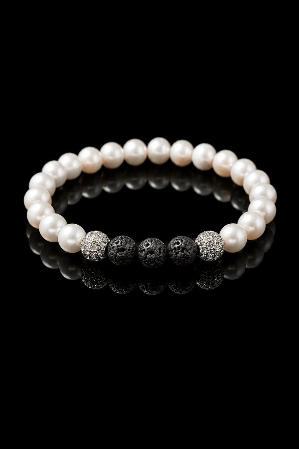Bracelet Homme perle d eau douce NEIJE - Bracelet Eclipse Perles d'eau douce & Pierre de Lave - Or Blanc – XL (poignet de 19 à 21 cm)