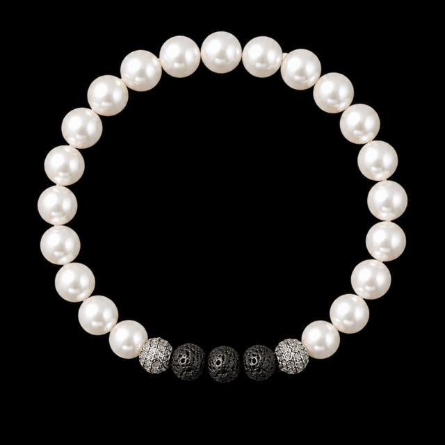 NEIJE - Bracelet Eclipse Perles d'eau douce & Pierre de Lave - Or Blanc – XL (poignet de 19 à 21 cm)