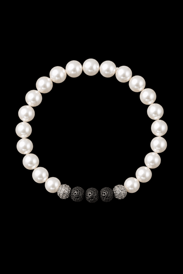 NEIJE - Bracelet Eclipse Perles d'eau douce & Pierre de Lave - Or Blanc – XL (poignet de 19 à 21 cm)
