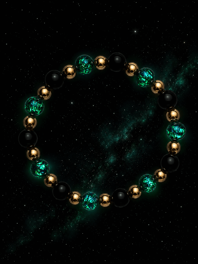 NEIJE - Bracelet Nuit Étoilée - Perles Hotaru d'Okinawa & Onyx - Or Jaune – XL (poignet de 19 à 21 cm)