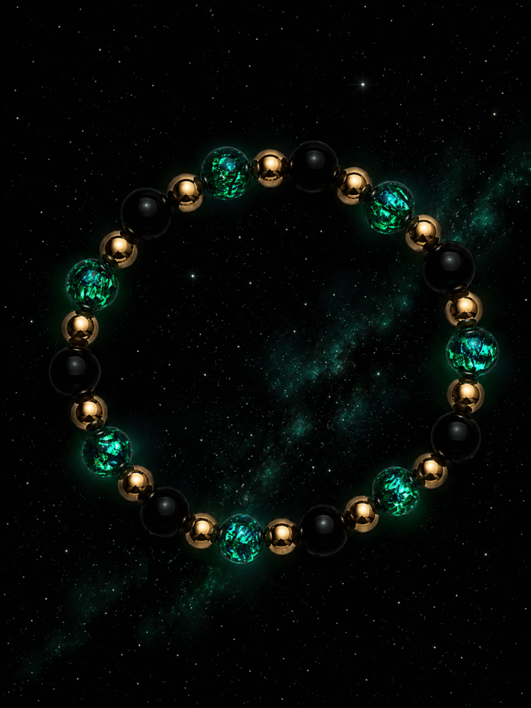 NEIJE - Bracelet Nuit Étoilée - Perles Hotaru & Onyx - Or Jaune – XL (poignet de 19 à 21 cm)
