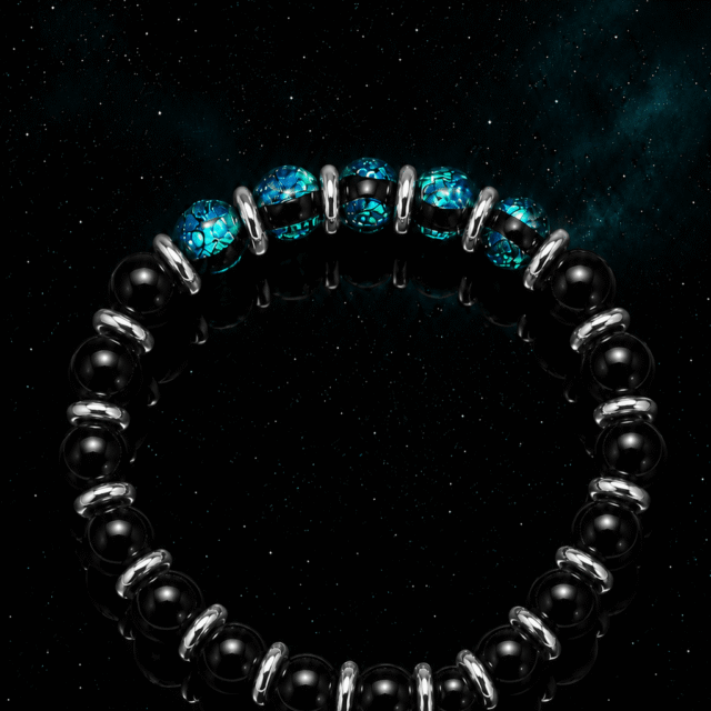 NEIJE - Bracelet Soleil Noir - Perles Hotaru & Onyx - Or Blanc – XL (poignet de 19 à 21 cm)