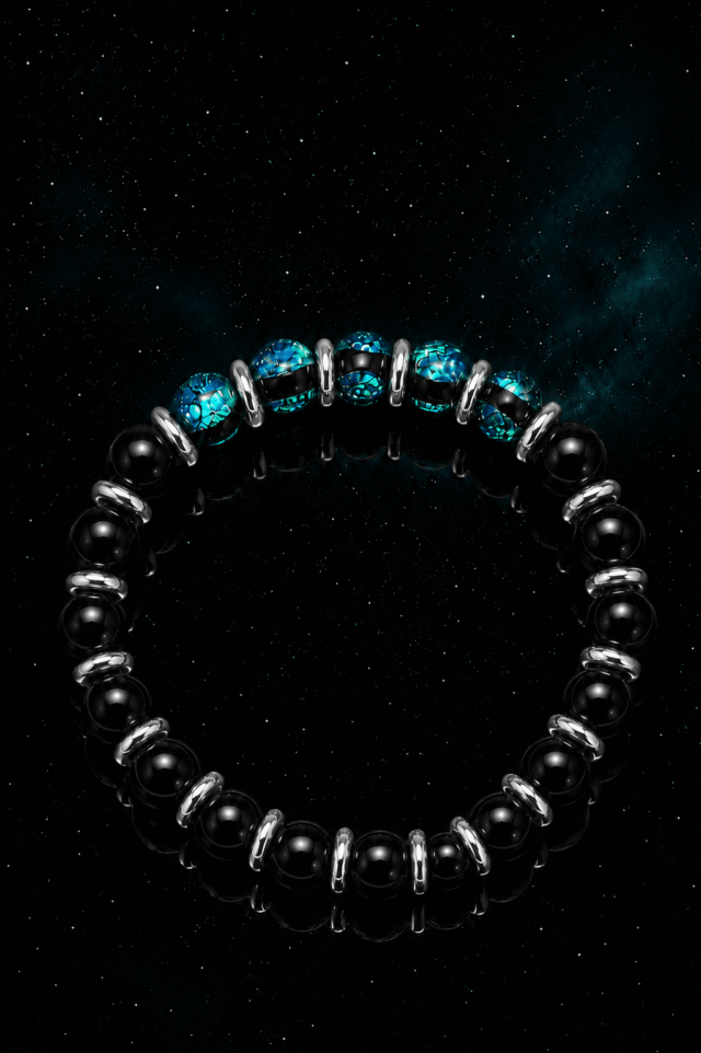 NEIJE - Bracelet Soleil Noir - Perles Hotaru & Onyx - Or Blanc – XL (poignet de 19 à 21 cm)