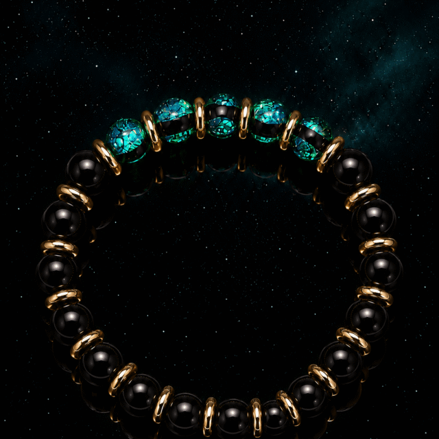 NEIJE - Bracelet Soleil Noir - Perles Hotaru d'Okinawa & Onyx - Or Jaune – XL (poignet de 19 à 21 cm)
