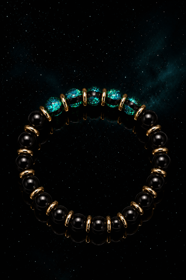 NEIJE - Bracelet Soleil Noir - Perles Hotaru d'Okinawa & Onyx - Or Jaune – XL (poignet de 19 à 21 cm)