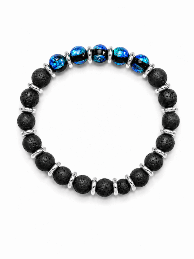 Bracelet Soleil Noir – Perles Hotaru & Pierre de Lave – Or Blanc par la marque NEIJE NEIJE - Bracelet Soleil Noir – Perles Hotaru & Pierre de Lave – Or Blanc