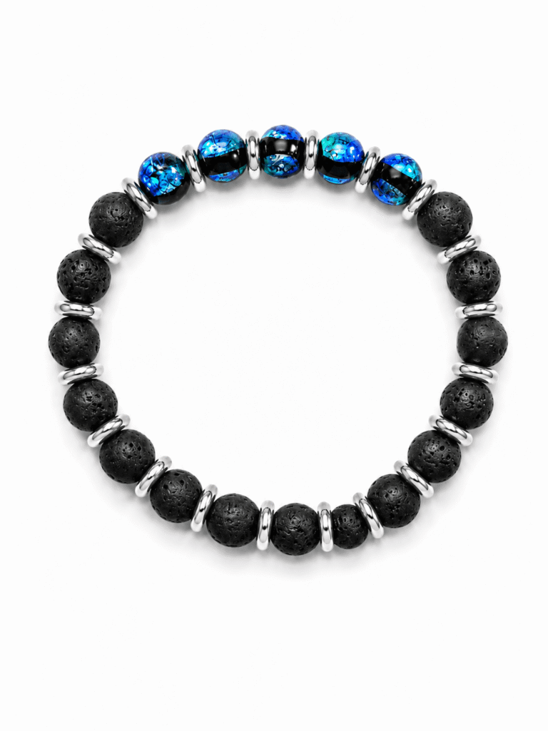 NEIJE - Bracelet Soleil Noir - Perles Hotaru & Pierre de Lave - Or Blanc – XL (poignet de 19 à 21 cm)
