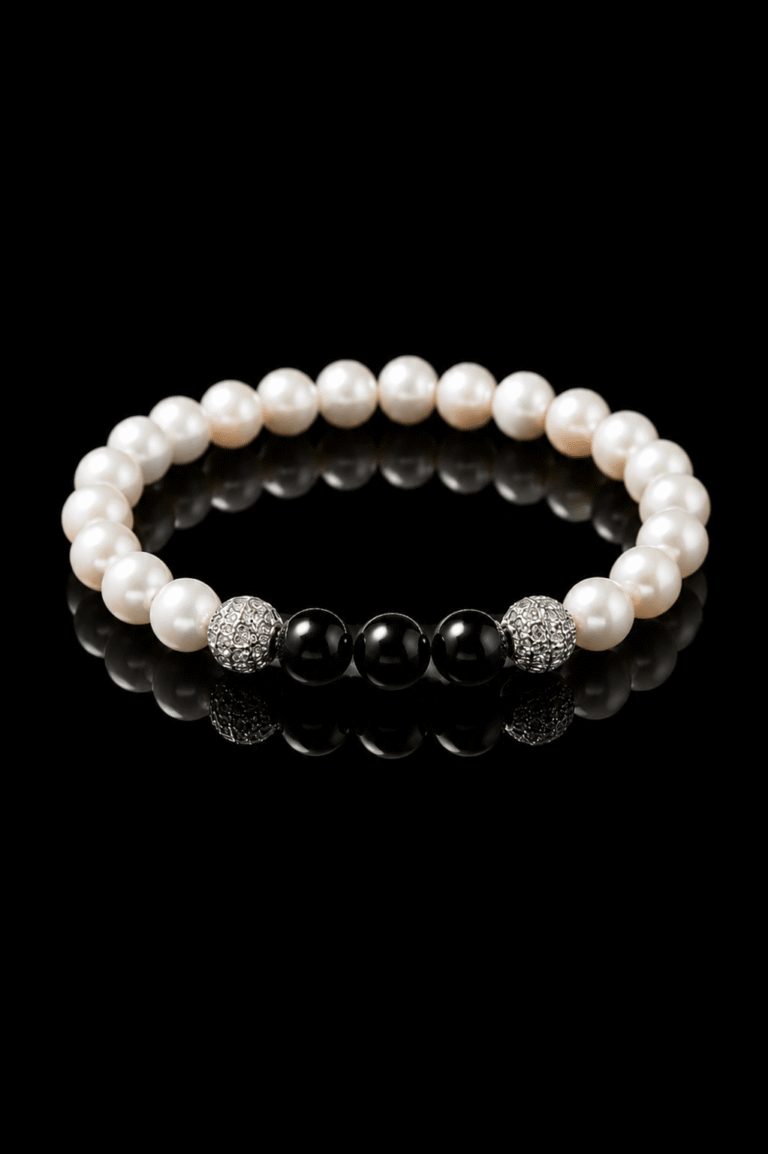 NEIJE - Bracelet Eclipse Perles d'eau douce & Onyx - Or Blanc – XL (poignet de 19 à 21 cm)