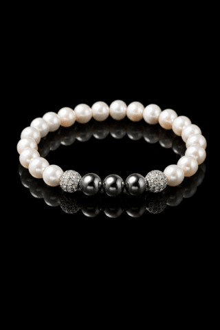 Bracelet Eclipse Perles d’eau douce & Hématite – Or Blanc par la marque NEIJE NEIJE - Bracelet Eclipse Perles d’eau douce & Hématite – Or Blanc