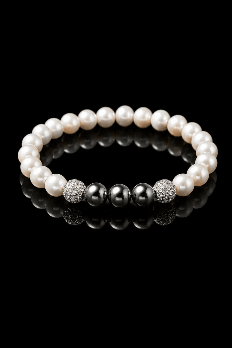 Bracelet Perle d eau douce et Hematite NEIJE - Bracelet Eclipse Perles d'eau douce & Hématite - Or Blanc – XL (poignet de 19 à 21 cm)
