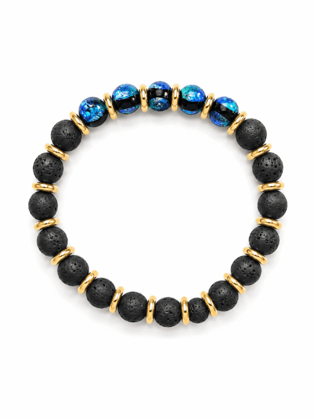 NEIJE - Bracelet Soleil Noir – Perles Hotaru d’Okinawa & Pierre de Lave – Or Jaune