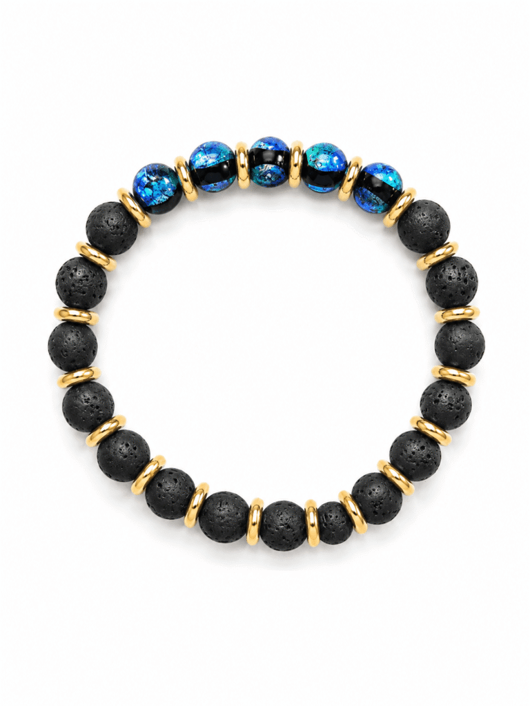 NEIJE - Bracelet Soleil Noir - Perles Hotaru & Pierre de Lave - Or Jaune – XL (poignet de 19 à 21 cm)