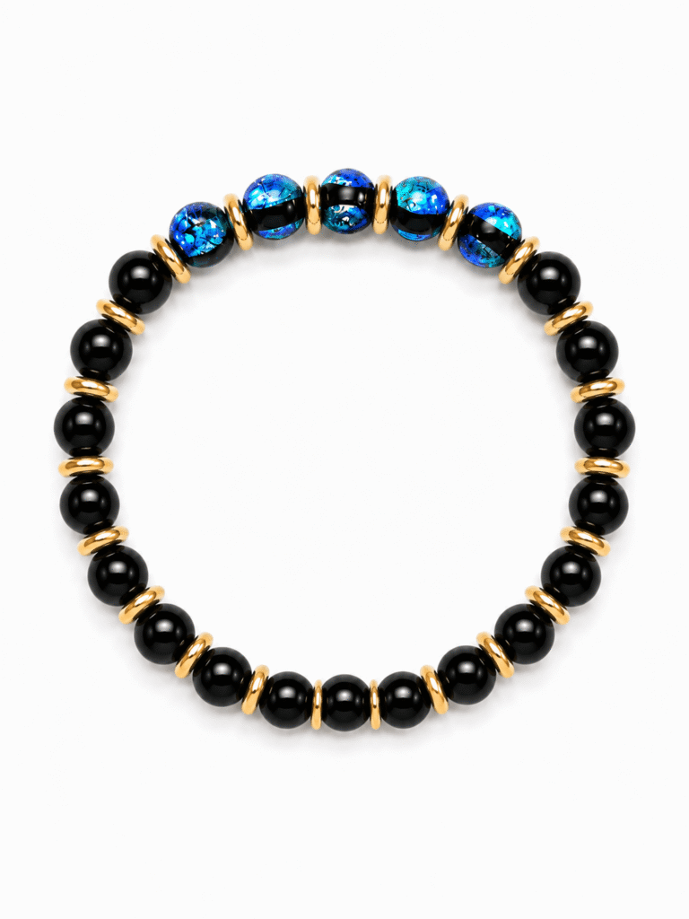 NEIJE - Bracelet Soleil Noir - Perles Hotaru & Onyx - Or Jaune – XL (poignet de 19 à 21 cm)