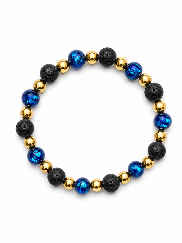 NEIJE - Bracelet Nuit Étoilée – Perles Hotaru d’Okinawa & Pierre de Lave – Or Jaune