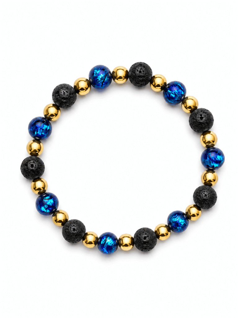 NEIJE - Bracelet Nuit Étoilée - Perles Hotaru & Pierre de Lave - Or Jaune – XL (poignet de 19 à 21 cm)