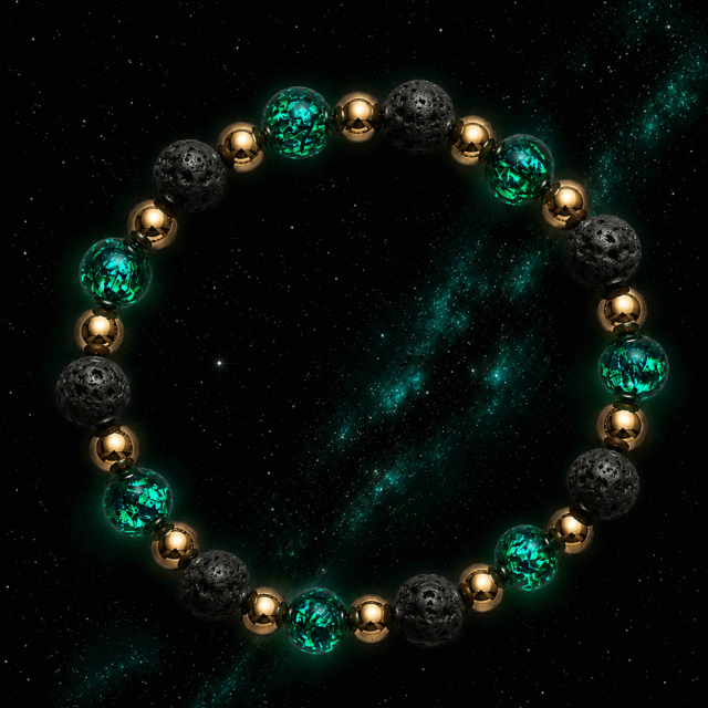 NEIJE - Bracelet Nuit Étoilée - Perles Hotaru d'Okinawa & Pierre de Lave - Or Jaune – XL (poignet de 19 à 21 cm)