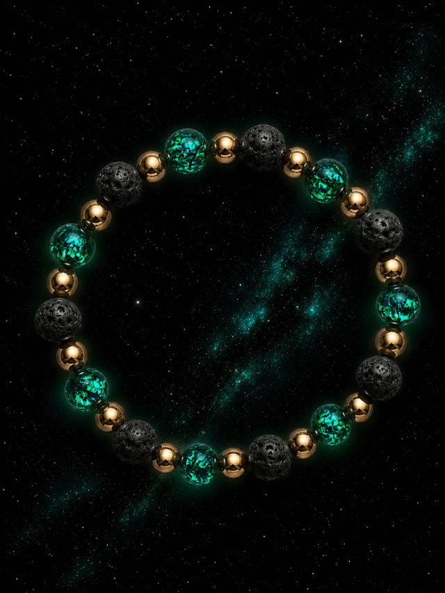 NEIJE - Bracelet Nuit Étoilée - Perles Hotaru d'Okinawa & Pierre de Lave - Or Jaune – XL (poignet de 19 à 21 cm)