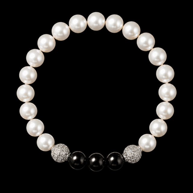 NEIJE - Bracelet Eclipse Perles d'eau douce & Onyx - Or Blanc – XL (poignet de 19 à 21 cm)