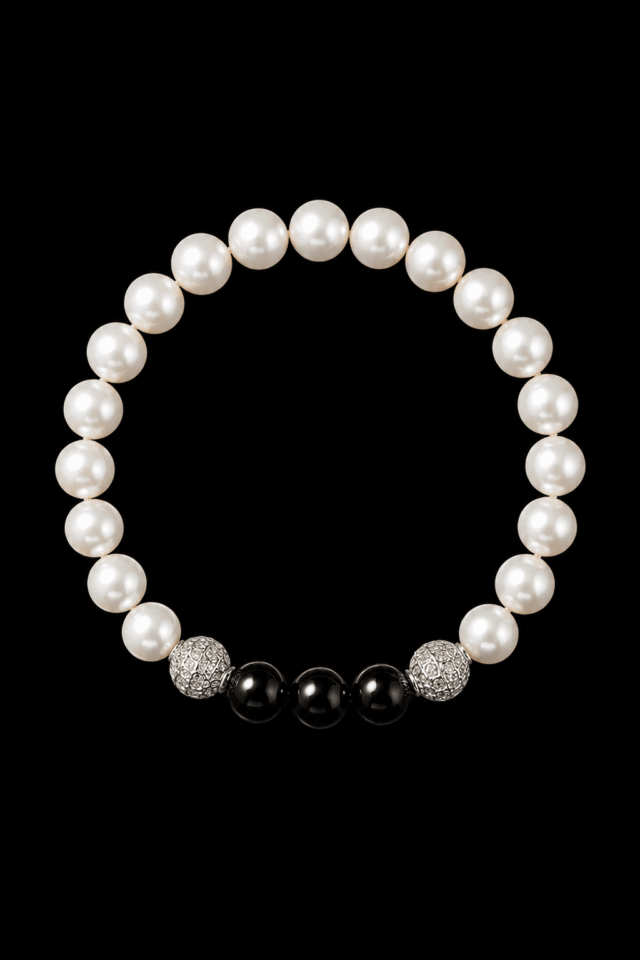 NEIJE - Bracelet Eclipse Perles d'eau douce & Onyx - Or Blanc – XL (poignet de 19 à 21 cm)