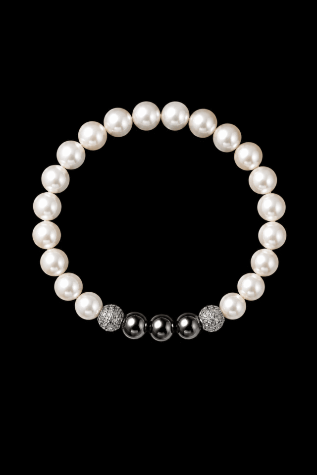 NEIJE - Bracelet Eclipse Perles d'eau douce & Hématite - Or Blanc – XL (poignet de 19 à 21 cm)