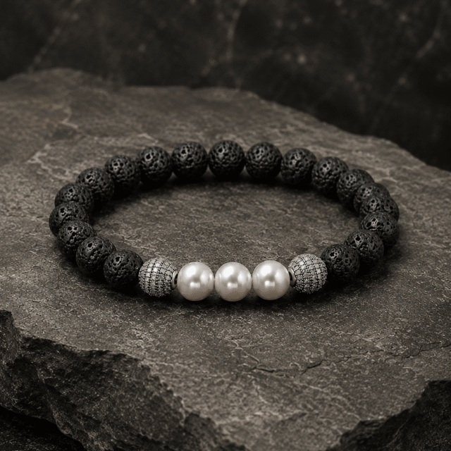 NEIJE - Bracelet Eclipse Pierre de Lave et Or Blanc – XL (poignet de 19 à 21 cm)