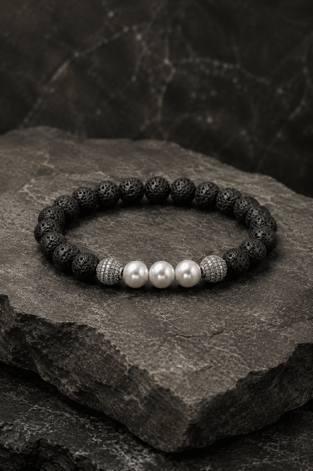 NEIJE - Bracelet Eclipse Pierre de Lave et Or Blanc – XL (poignet de 19 à 21 cm)