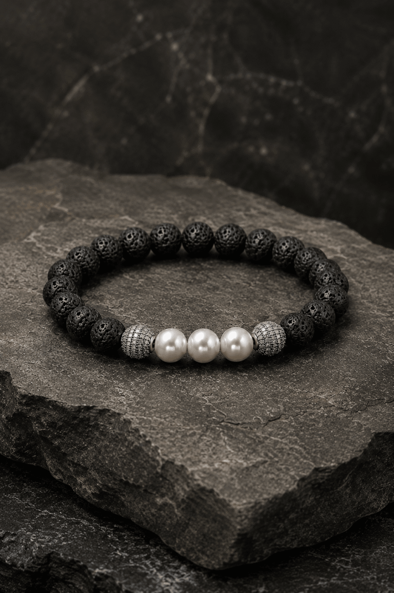 NEIJE - Bracelet Eclipse Pierre de Lave et Or Blanc – XL (poignet de 19 à 21 cm)