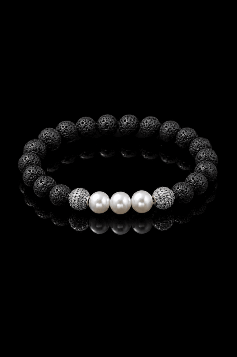 Bracelet Pierre de Lave pour homme NEIJE - Bracelet Eclipse Pierre de Lave et Or Blanc – XL (poignet de 19 à 21 cm)
