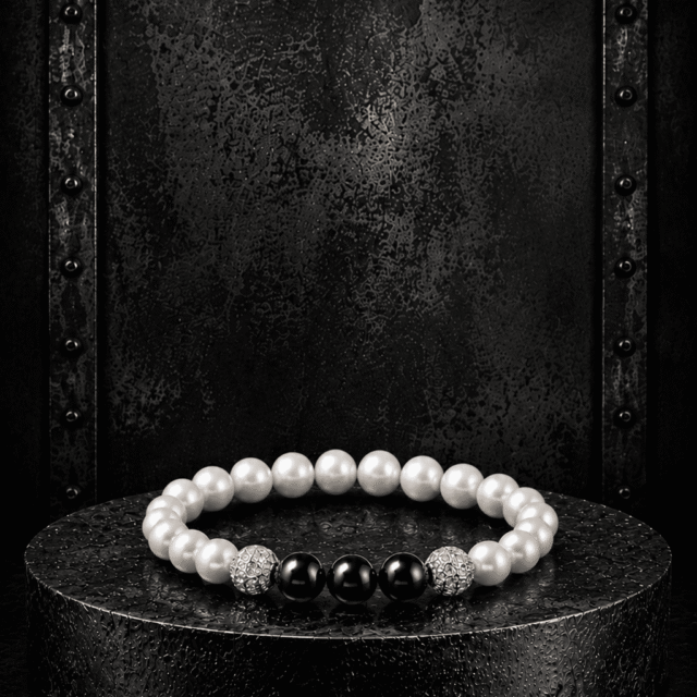 NEIJE - Bracelet Eclipse Perles d'eau douce & Onyx - Or Blanc – XL (poignet de 19 à 21 cm)