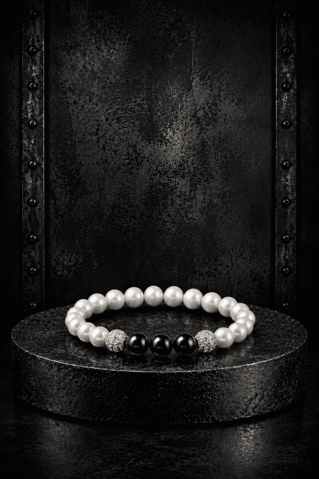 NEIJE - Bracelet Eclipse Perles d'eau douce & Onyx - Or Blanc – XL (poignet de 19 à 21 cm)
