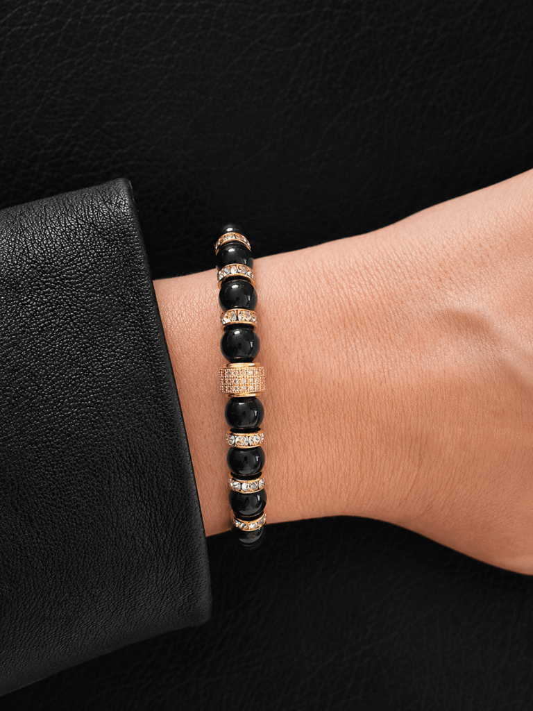 NEIJE - Parure Collier & Bracelet Onyx - Mes nuits sont plus belles que vos jours – L (poignet de 17 à 19 cm) / 50 cm + extension de 5 cm