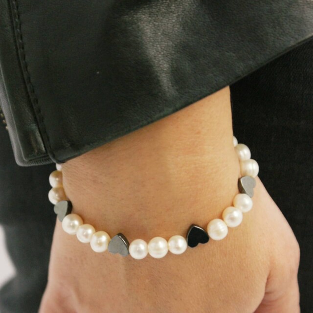 NEIJE - Bracelet Pigalle Perles de Culture et Hématite – Plaqué Or Blanc / L (poignet de 17 à 19 cm)