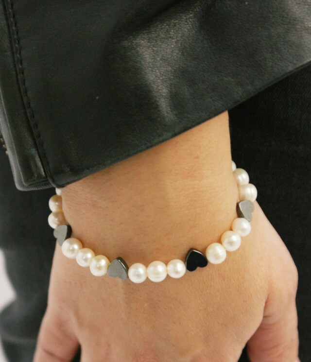 NEIJE - Bracelet Pigalle Perles de Culture et Hématite – Plaqué Or Blanc / L (poignet de 17 à 19 cm)