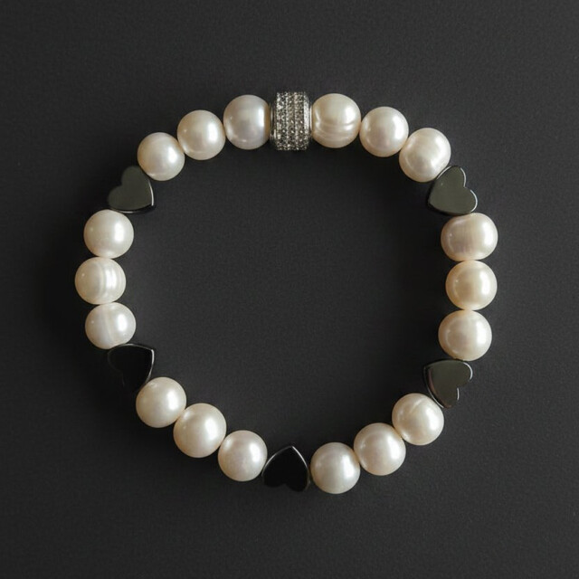 NEIJE - Bracelet Pigalle Perles de Culture et Hématite – Plaqué Or Blanc / L (poignet de 17 à 19 cm)